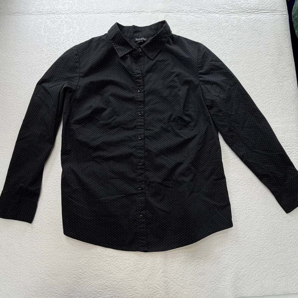 George women’s L Black Polka Dot Long Sleeve Button-Up Point Collar Shirt